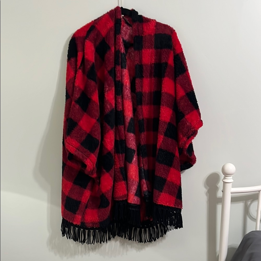 Red and Black Plaid Fringe shawl